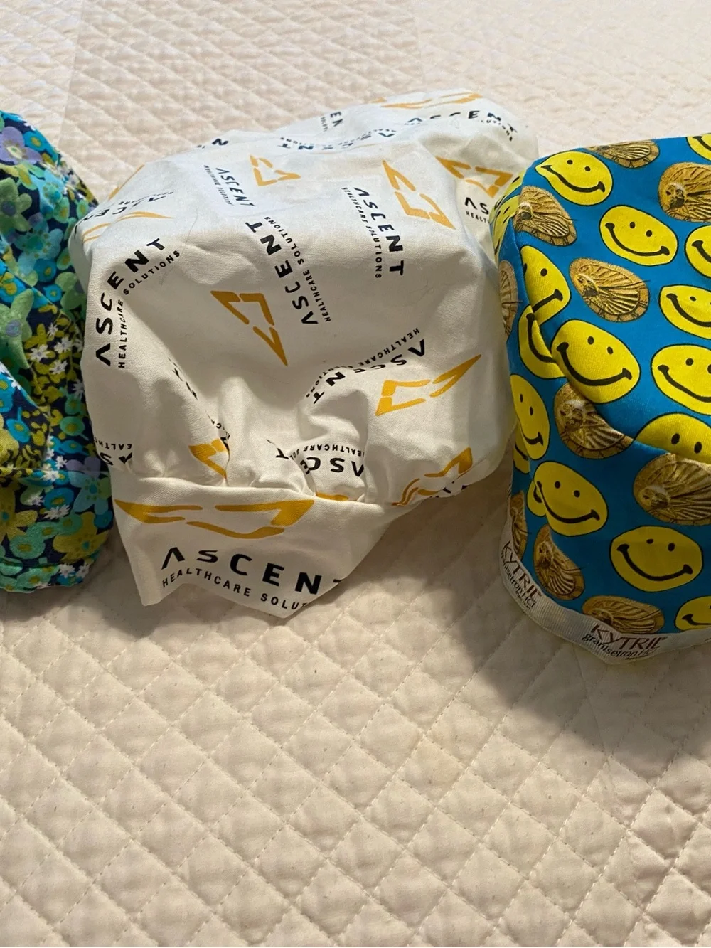 Set of 3 Colorful Scrub Caps - Floral, Logo Print, Smile Faces